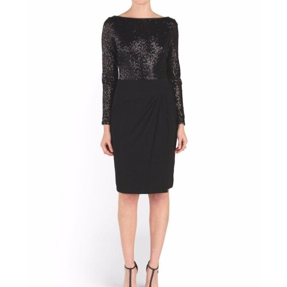 Lauren Ralph Lauren Evening Black Sequined Long Sleeve Cocktail Dress, Size 2 - Picture 1 of 16